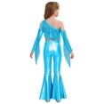 thumbnail image 2 of Miutii Kids Girls 2 Piece Sequin Dance Outfit Long Sleeve Metallic Fringed Crop Top and Stretchy Bell Bottom Pants Light Blue 6, 2 of 7