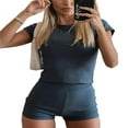 thumbnail image 1 of Femmes Été Entraînement Ensemble Manches Courtes Col Rond Tops T-shirt + Yoga Shorts Streetwear, 1 of 6