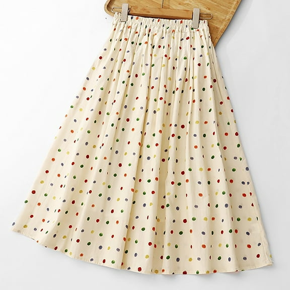 Jinhomg Pleated Skirts for Women Cute Polka Dot Print Midi Skirts Casual Comfy Elastic Waisted Swing Skirts Flowy Summer Skirts White M