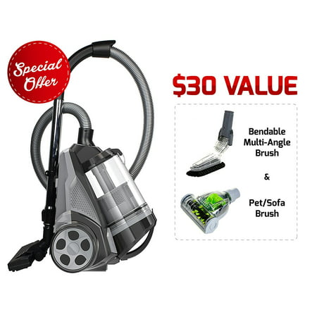 Ovente Cyclonic Bagless Canister Vacuum with Hepa Filter, Multi-Angle Brush and Sofa/Pet Brush, Black