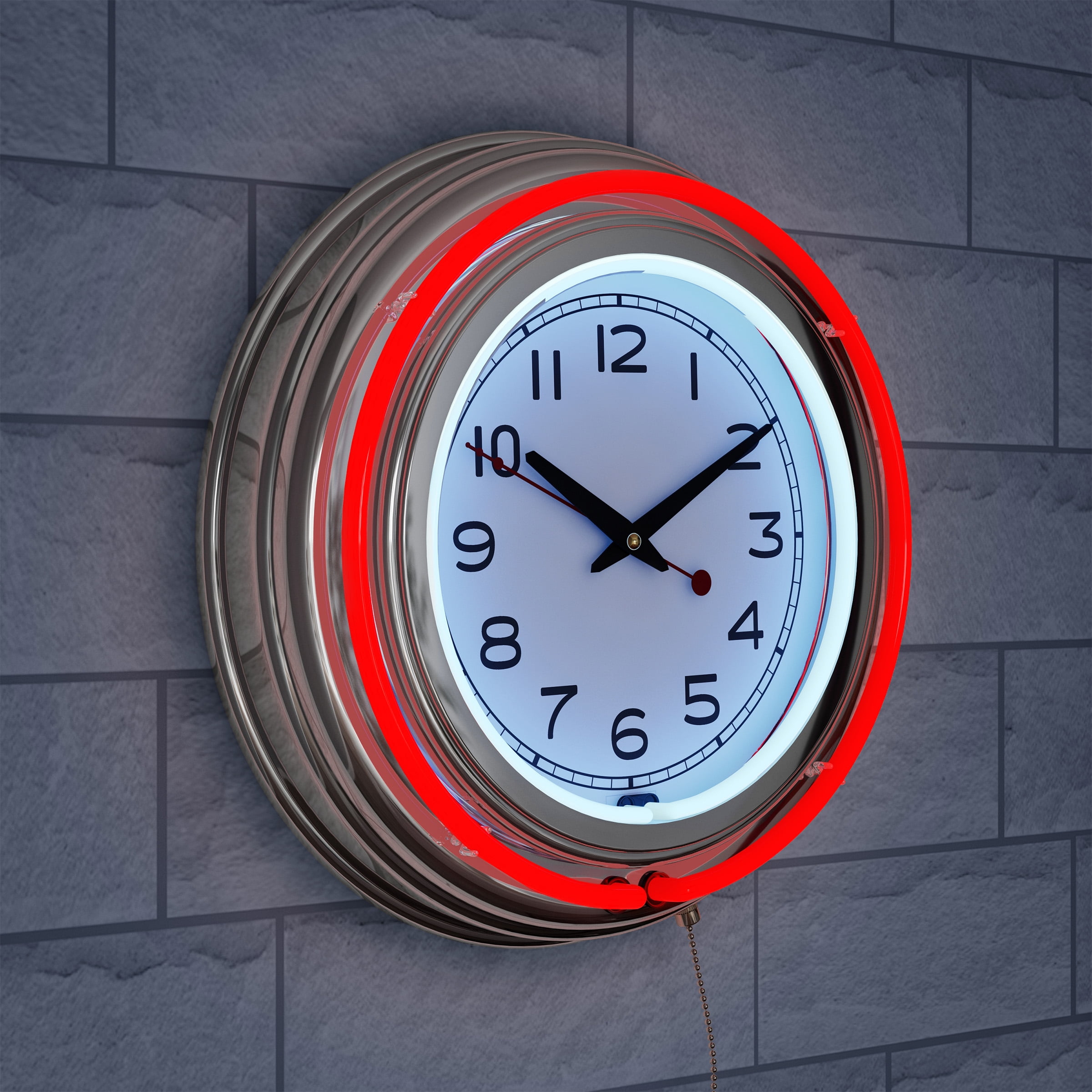 Retro Neon Wall Clock - Battery Operated Wall Clock Vintage Bar Garage Kitchen Game Room ? 14 Inch Round Analog by Lavish Home (Red and White)