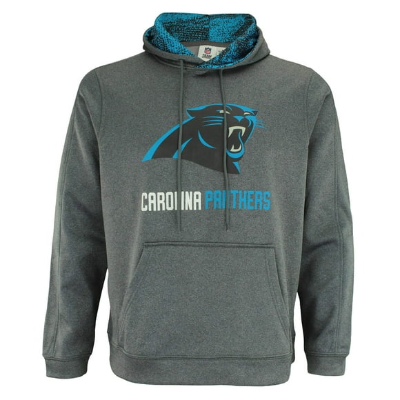 Zubaz NFL Mens Heather grey Fleece Hoodie With Static colored Hood, Pro Football Hoodie, carolina Panthers, MEDIUM