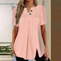 VKOYWKM Women's Tunic Tops Summer Dressy Casual Blouses Business Work Outfits Solid Short Sleeve Eyelet Tops Button Up V Neck Henley Shirts
