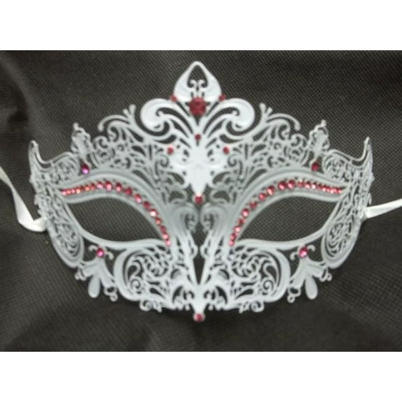 White Pink Crystal Crown Laser Cut Venetian Mask Masquerade Metal Filigree