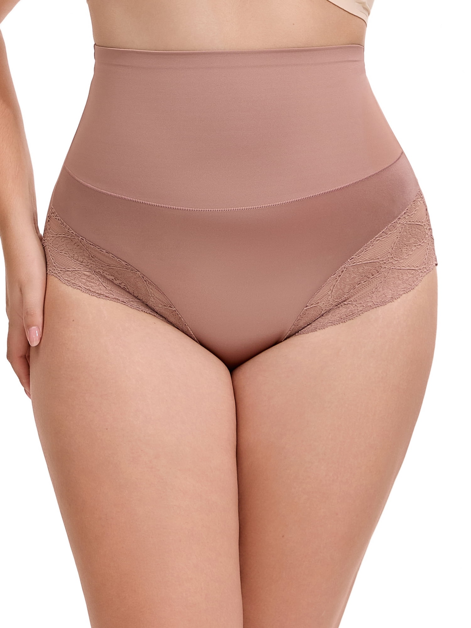 Unique Bargains Lace Trimmed High Waisted Tummy Briefs 3XL Coffee