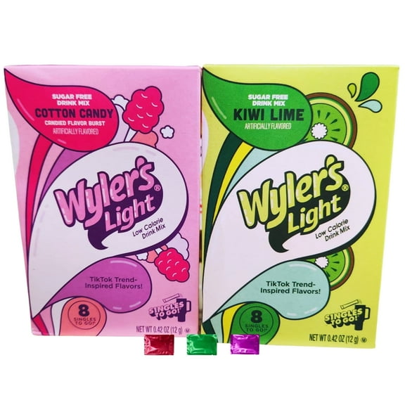Wyler's Light Watertok Inspired Cotton Candy & Kiwi Lime Drink Mix, 16 otal Servings 2 Boxes, Zero Sugar Low Calorie TikTok Trend Singles with Snoep in Beperkte Oplage
