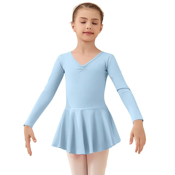 HAiming Toddler Girls Ballet Dance Leotards Dresses Long Sleeve Solid Color V Neck Cute Outfit Mini Dress