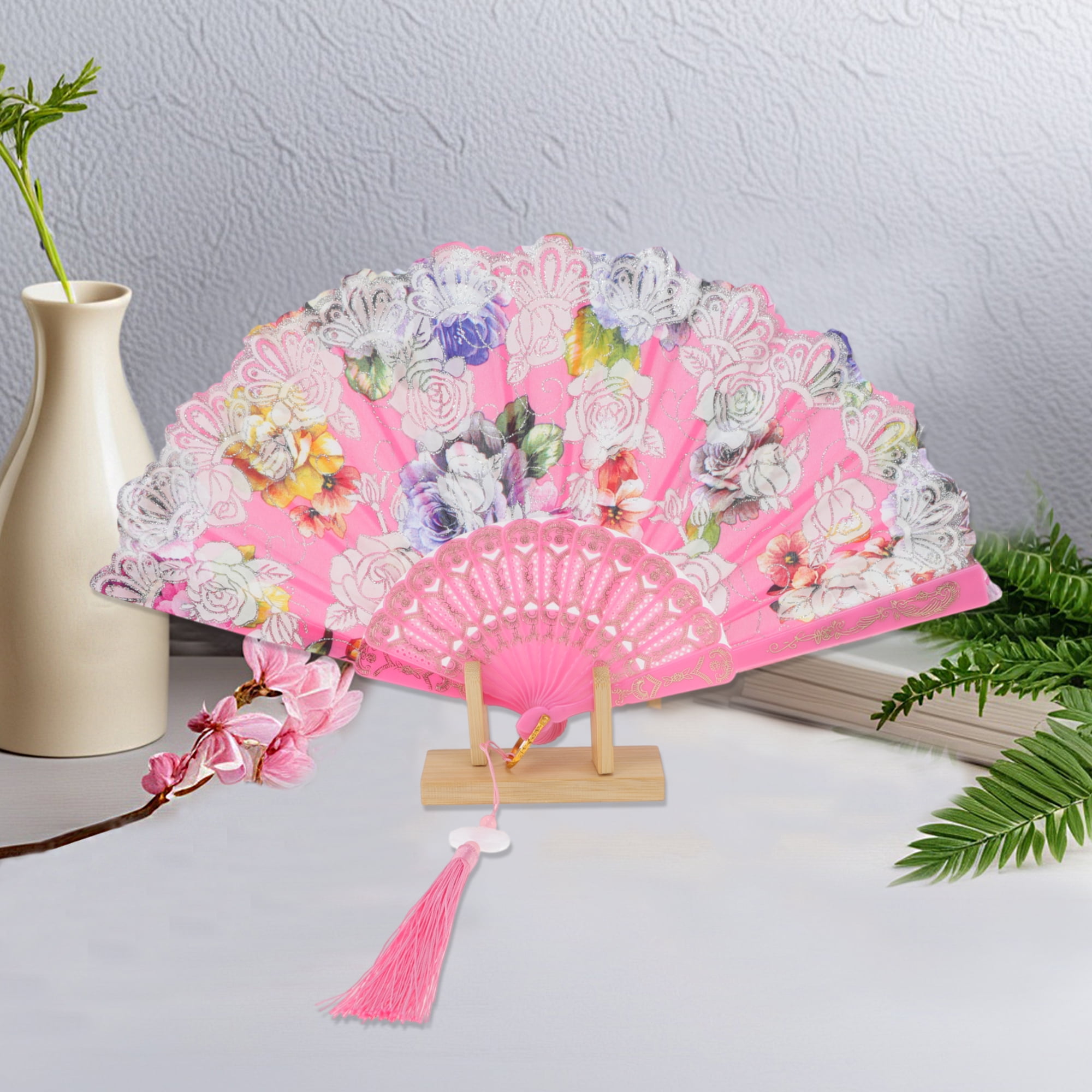 Unique Bargains Rose Print With Tassel Folding Fan 1 Pc For Summer Events Decorations Pink