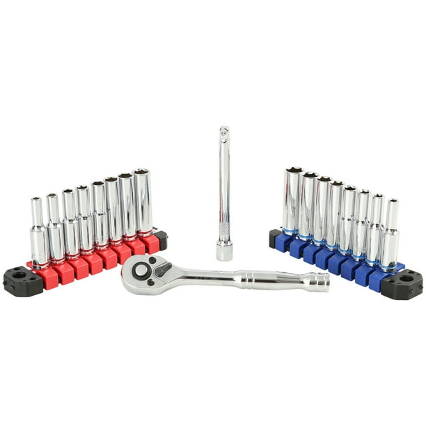Hyper Tough 20Piece 1/4Inch Drive Ratchet and Deep Socket Set, SAE