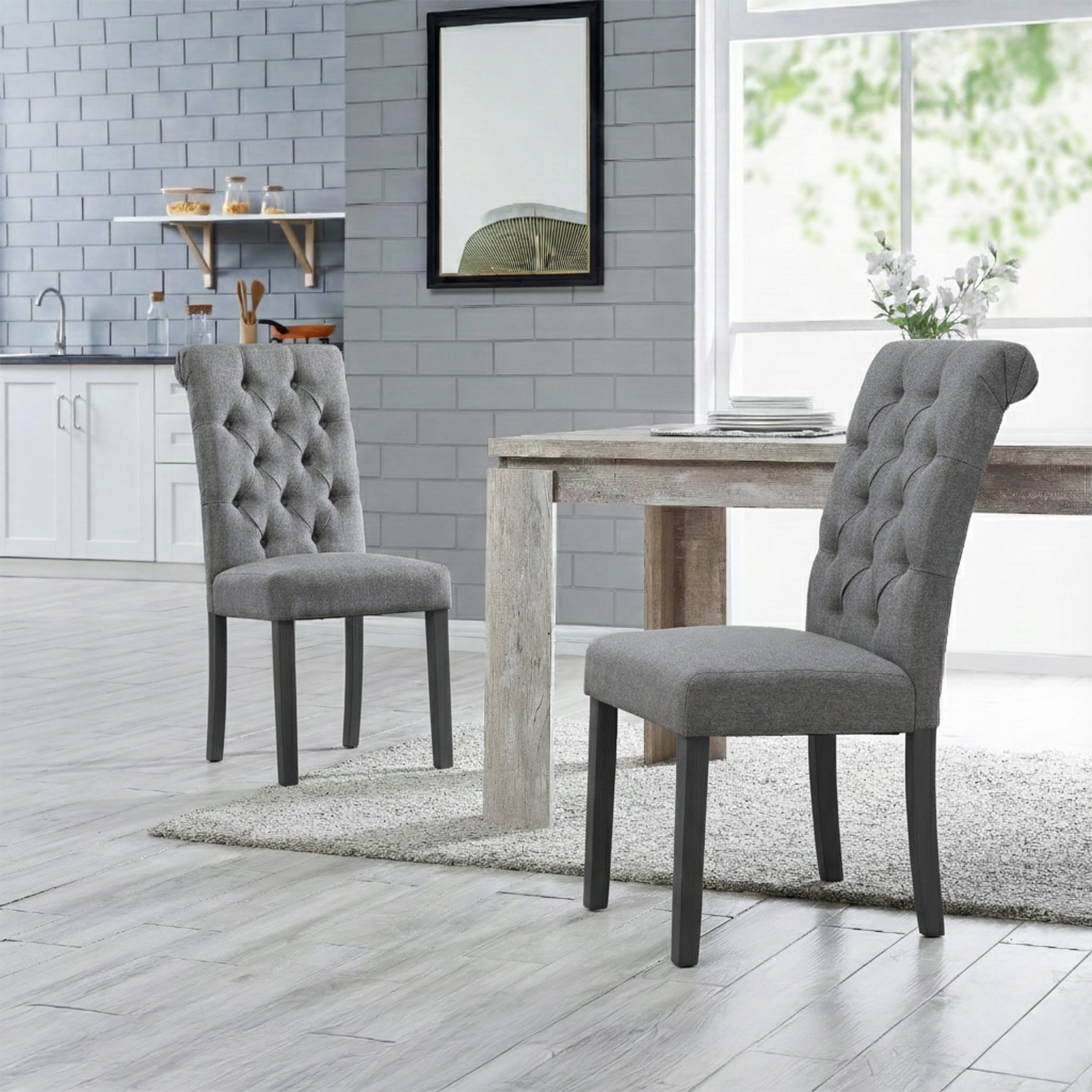 Natalie Roll Top Tufted Grey Linen Fabric Modern Dining Chair (Set of 2)