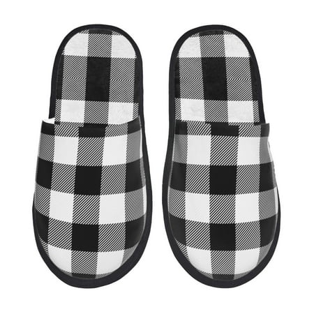 Balery White And Black Plaid Slient Indoor Furry Fleece Comfort House Shoes Soft Non-Slip Home Shoes Cotton slippers House Slippers-- Medium