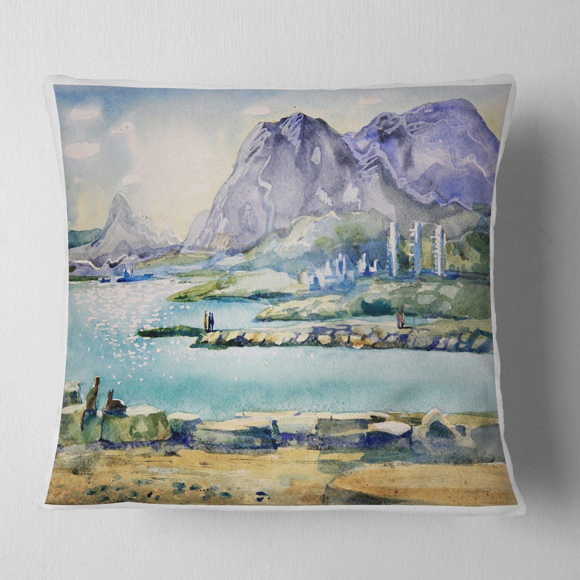 Designart Watercolor Blue Hills - Landscape Printed Throw Pillow - 18x18