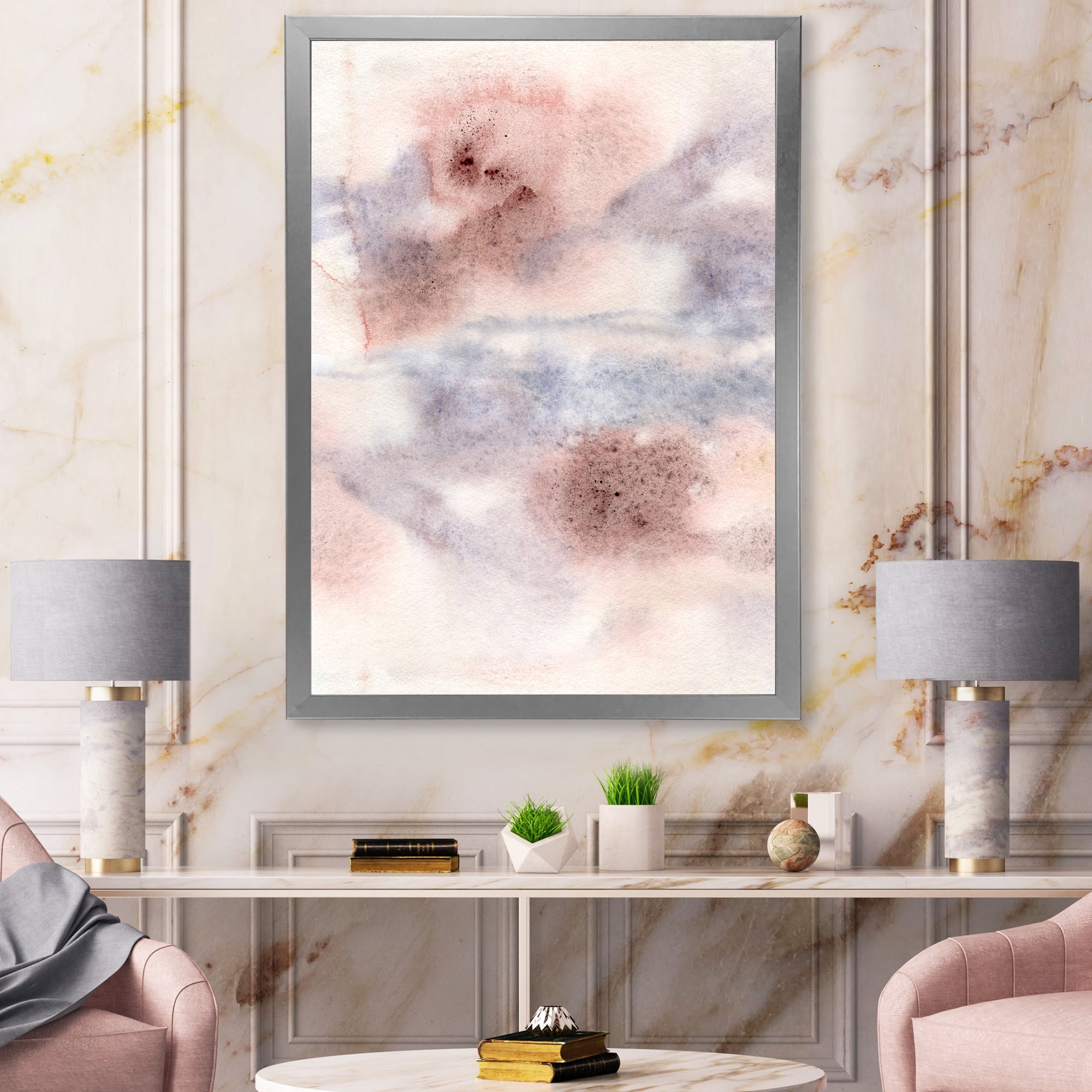 Designart 'Pastel Abstract With Gray Blue Pink and Red Spots' Modern Framed Art Print