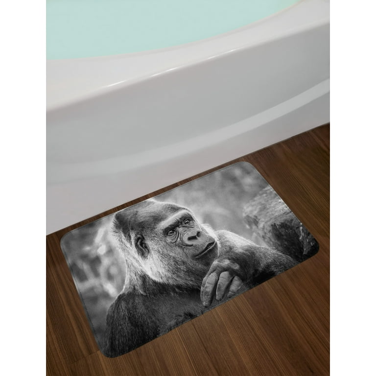 Gorilla Bath Mat, Close up Shot of an Ape Animal on a Blurry Background,  Plush Bathroom Decor Mat with Non Slip Backing, 29.5 X 17.5, Dimgray  Charcoal Grey, by Ambesonne 