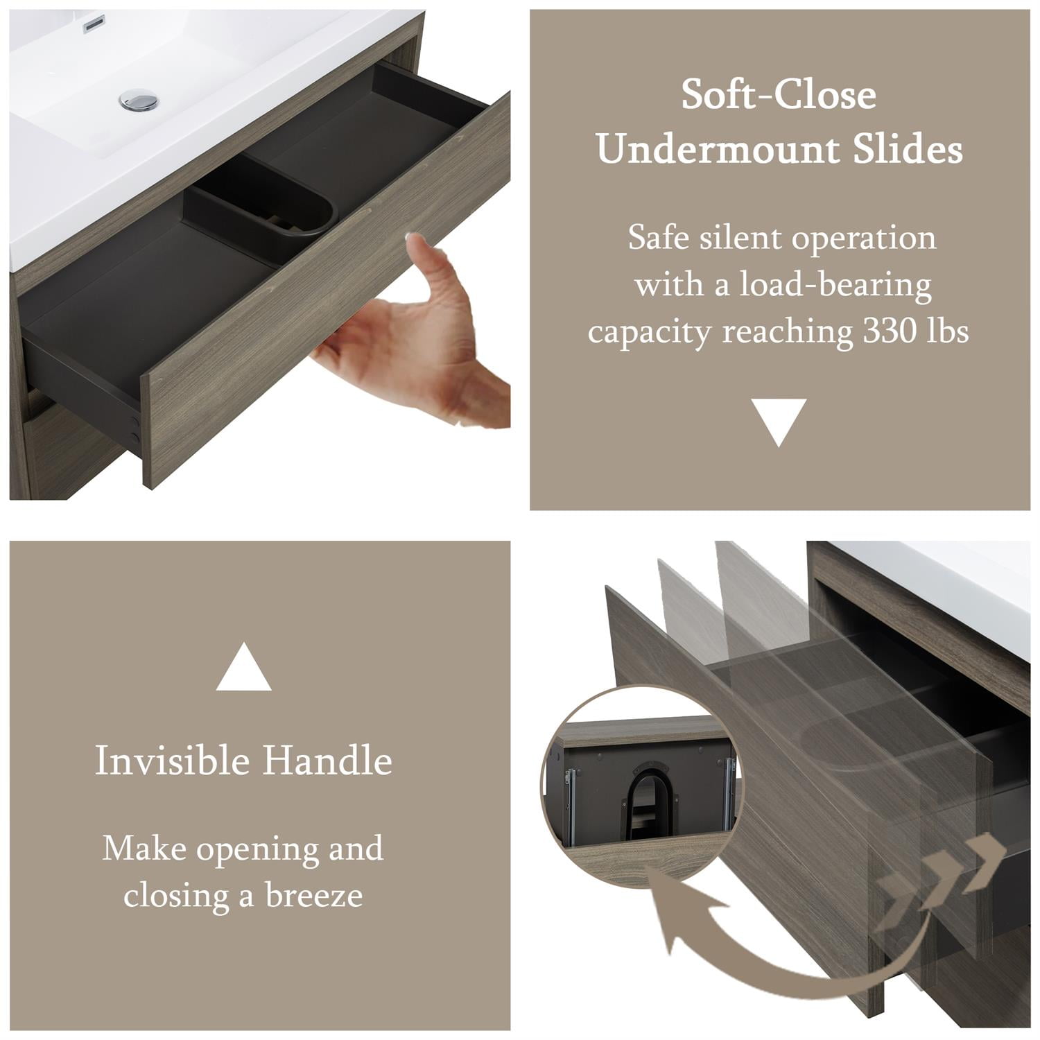 Demi Bonn 42" Floating Bathroom Vanity with Sink, Resin Top Basin and 2 Soft Close Drawers, Faucets and Drains Not Included, Gray