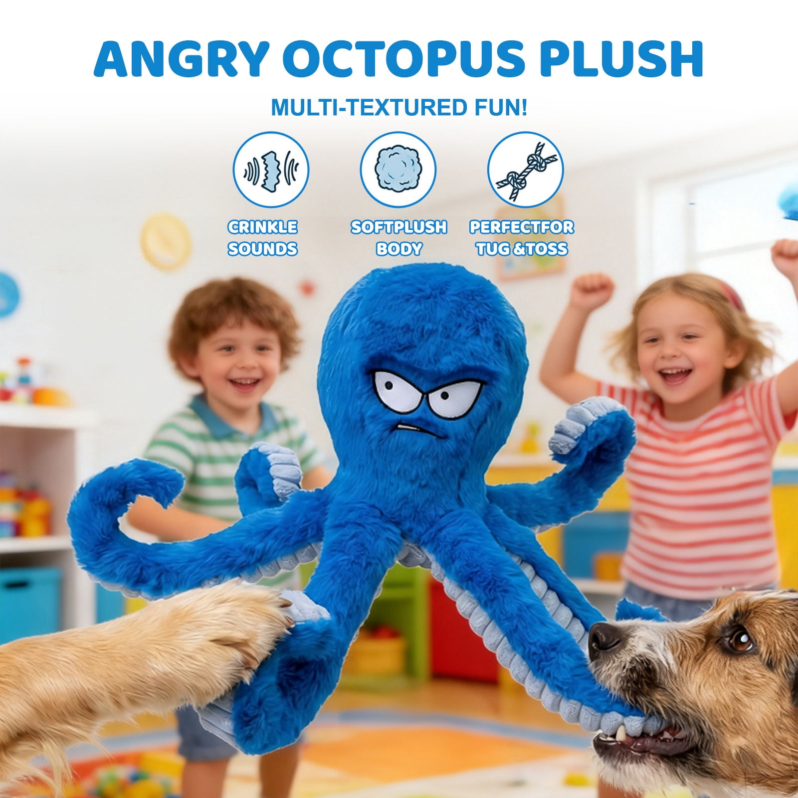 Tough Dog Toys, Stuffed Chew Large Dog Toys to Keep Them Busy, Interactive Squeaky Tug of War Doggie Toy, Crinkle Blue Octopus