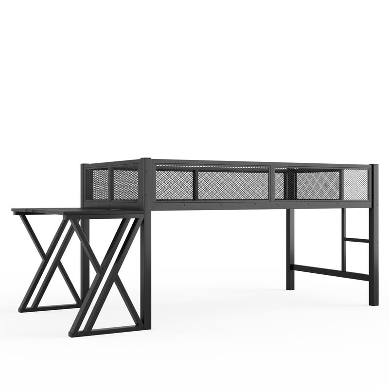 Twin XL Gaming Loft Bed with Computer Desk of X-Shaped Legs, Metal Bed Frame with LED Lights, Charge Station & Mesh Guardrail