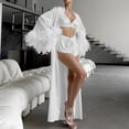 thumbnail image 6 of Yongwang 3 Piece Sleepwear for Women Feather Trim Bell Sleeve Long Dress Robe with Cami Shorts Sleepwear Loungewear Set, 6 of 9