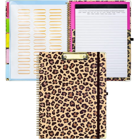 Clipboard with Storage Clipboards Folio with Refillable 11 x8.5 Legal Pads 5 Extra Folders with Storage 10 Pockets for Documents Portfolio Binder with Pen Holder for Men Women (Leopard)
