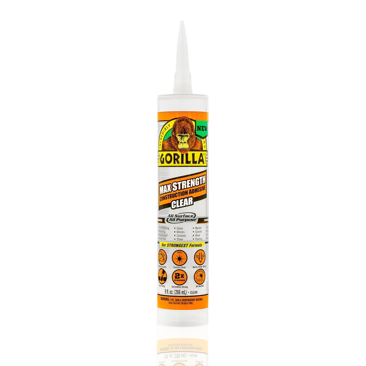 Gorilla Glue Clear Max Strength Construction Adhesive, 9 Ounce Cartridge, 1 Count