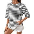 thumbnail image 2 of Women'S Tops Oversized T-Shirts Striped Color Block Short Sleeve T Shirts Crewneck Tee Blouses Black XL, 2 of 10