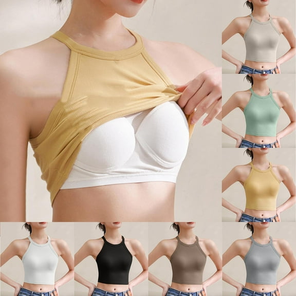 DDAPJ pyju Cotton Tank Top for Women with Built in Bra Racerback Cami Tops Shelf Bra Camisoles Slim Fitted Sleeveless Undershirt on Sale White XL