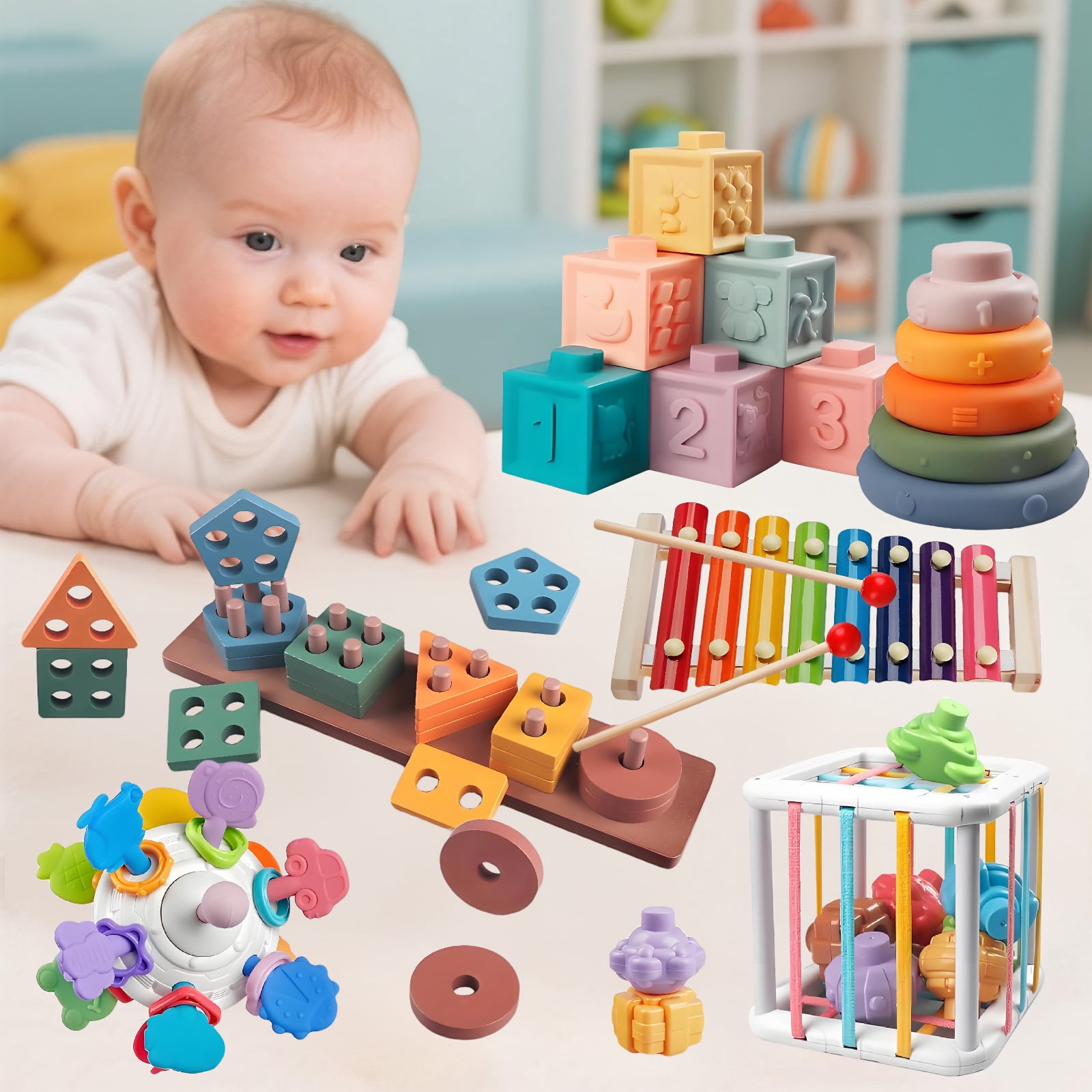 Rirool 6-in-1 Montessori Baby Toys for 1 Year Old, Wooden Stacking Blocks, Shape Sorter, Xylophone, Teething Toys for Babies 6-12 Months, Toddler Learning Gift