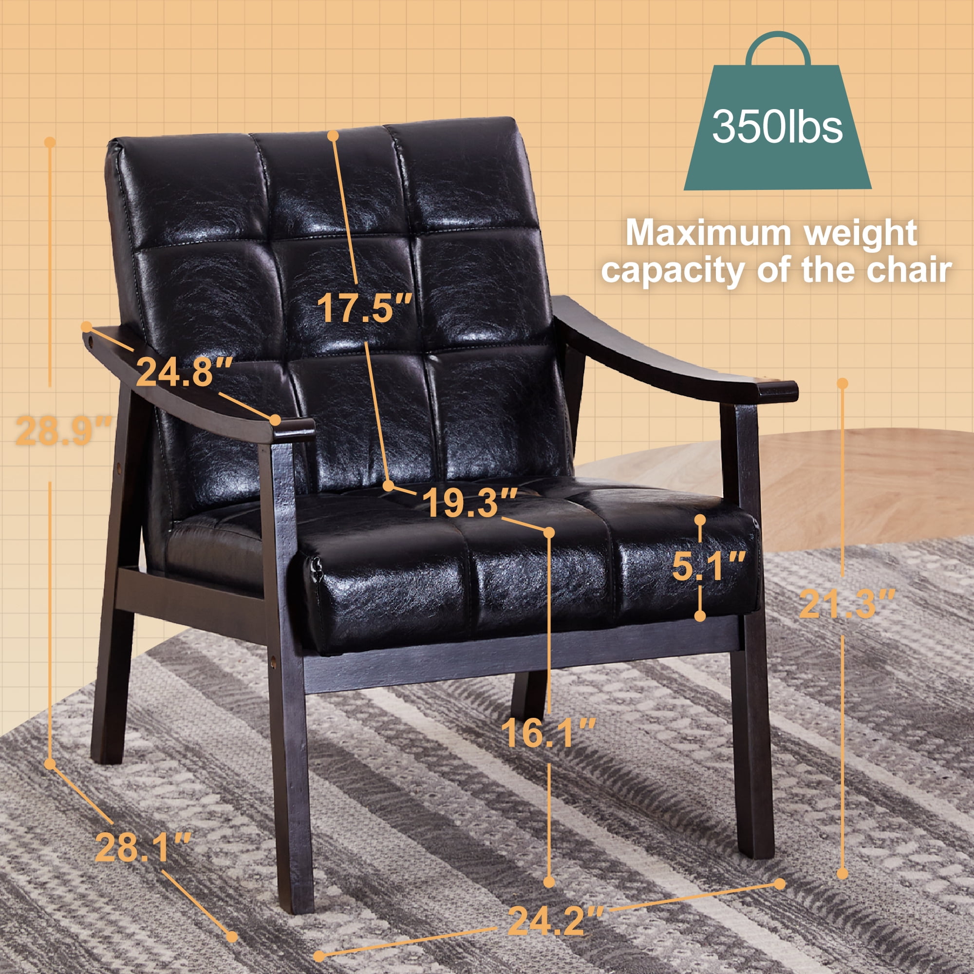 Modern Accent Chair, Mid-Century Living Room Chair, PU Leather Side Chair with High Back for Living Room, Black
