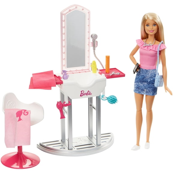 Barbie Salon Station Furniture Set with Doll & Accessories, Blonde