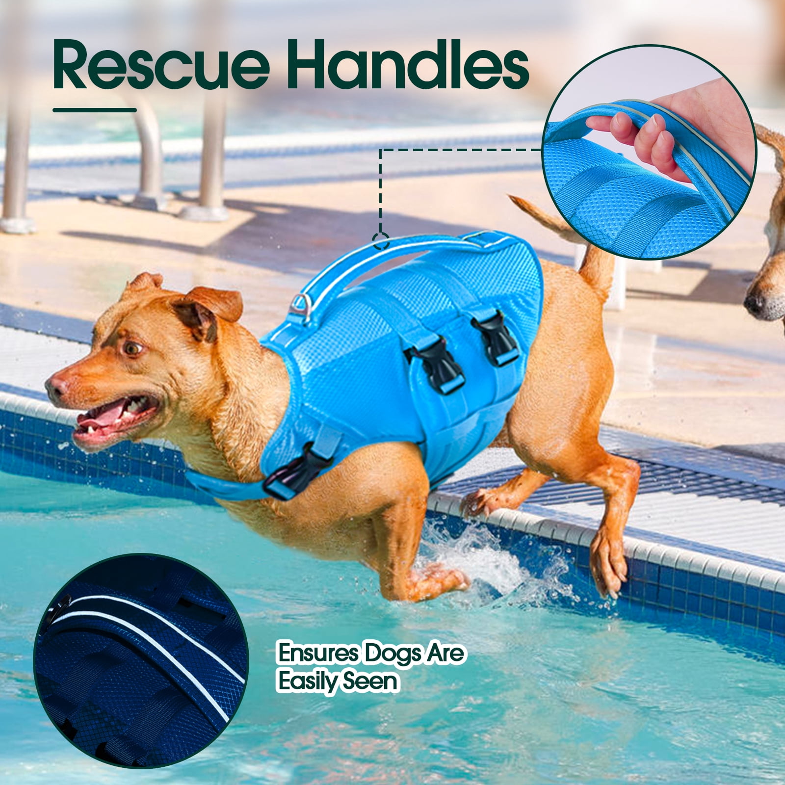 Kuoser Dog Life Jacket, Reflective Life Vest with Rescue Handle for Small Medium Large Dogs, Blue, XL