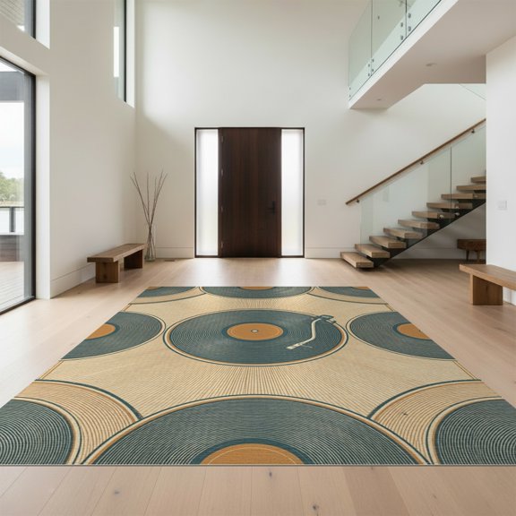 Design&I 8'x10' Washable Area Rug Extra Large Skid-Resistant Low Profile Vintage Phonograph Motif Covering Weathered Gramophone Aesthetic for Living Room, Family