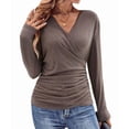 thumbnail image 2 of V Neck Ruched Tops for Women, Casual Women'S Long Sleeve Wrap Shirts Fashion Slim Fitted Pullover Blouses Camel Color L, 2 of 9