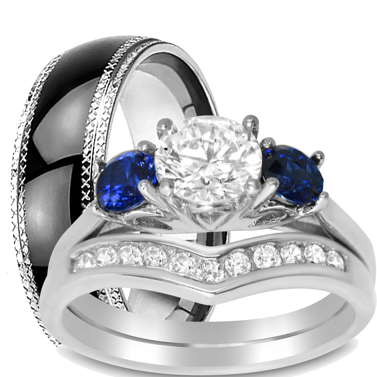 His & Hers Matching Titanium Blue Sapphire CZ Wedding Engagement Rings Set 