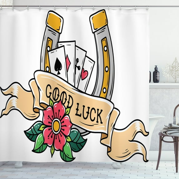 Old School Shower Curtain, Nostalgic Tattoo Image of Luck on Ribbon Horseshoe Playing Cards and Flower, Fabric Bathroom Set with Hooks, 69W X 70L Inches, Multicolor, by Ambesonne