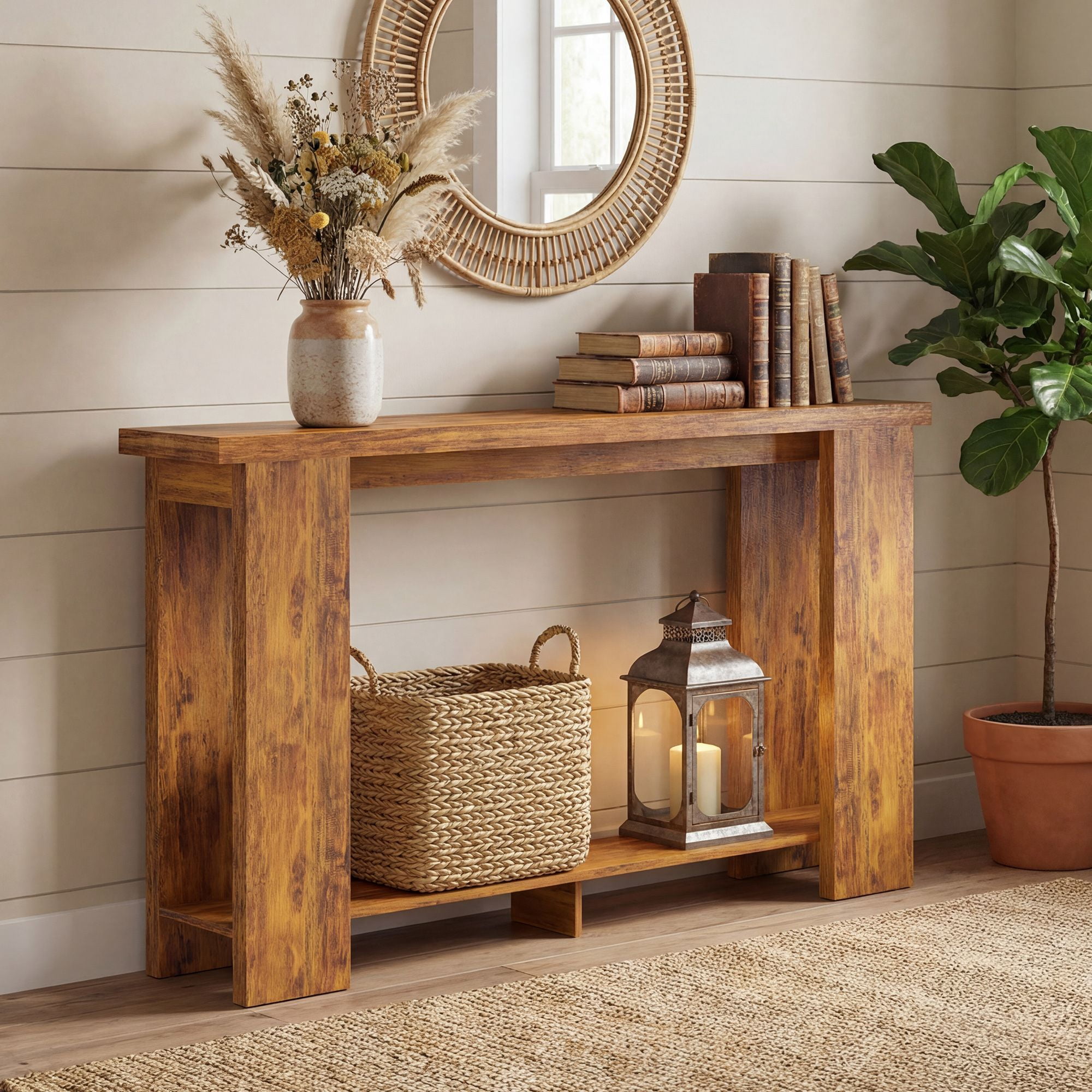 63 Inch Farmhouse Console Table Narrow Sofa Table, Rustic Wood Grain Entryway Table with Lower Storage Shelf, Thick Tabletop Supports 77lbs for Hallway Living Room