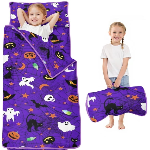 Halloween Purple Spider Web Pattern Toddler Nap Mats for Kids Preschool,50"x20" Sleeping Mat Bag or Kids,Toddler Sleeping Bag,Toddler Nap Mat or Daycare