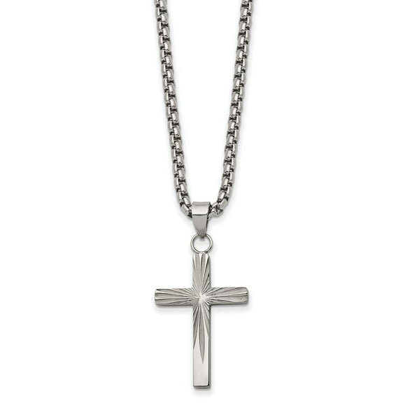 Primal Steel Stainless Steel Polished Sunburst Design Cross 24-inch Box Chain Necklace