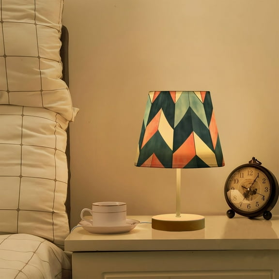 Yayeee Mini Table Lamp 10.8" Dimmable with Fabric Shade 3 Color Temperatures, Blue Geometric