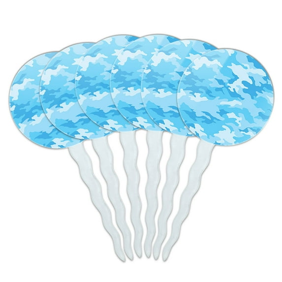 Camouflage Print Light Blue Cupcake Picks Toppers - Set of 6
