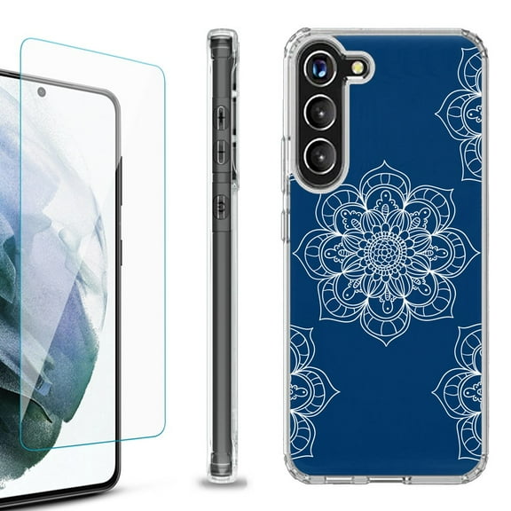 Shockproof Bumper Phone Case for Samsung Galaxy S23 5G, with Tempered Glass Screen Protector, by OneToughShield ® - Mandala / Blue