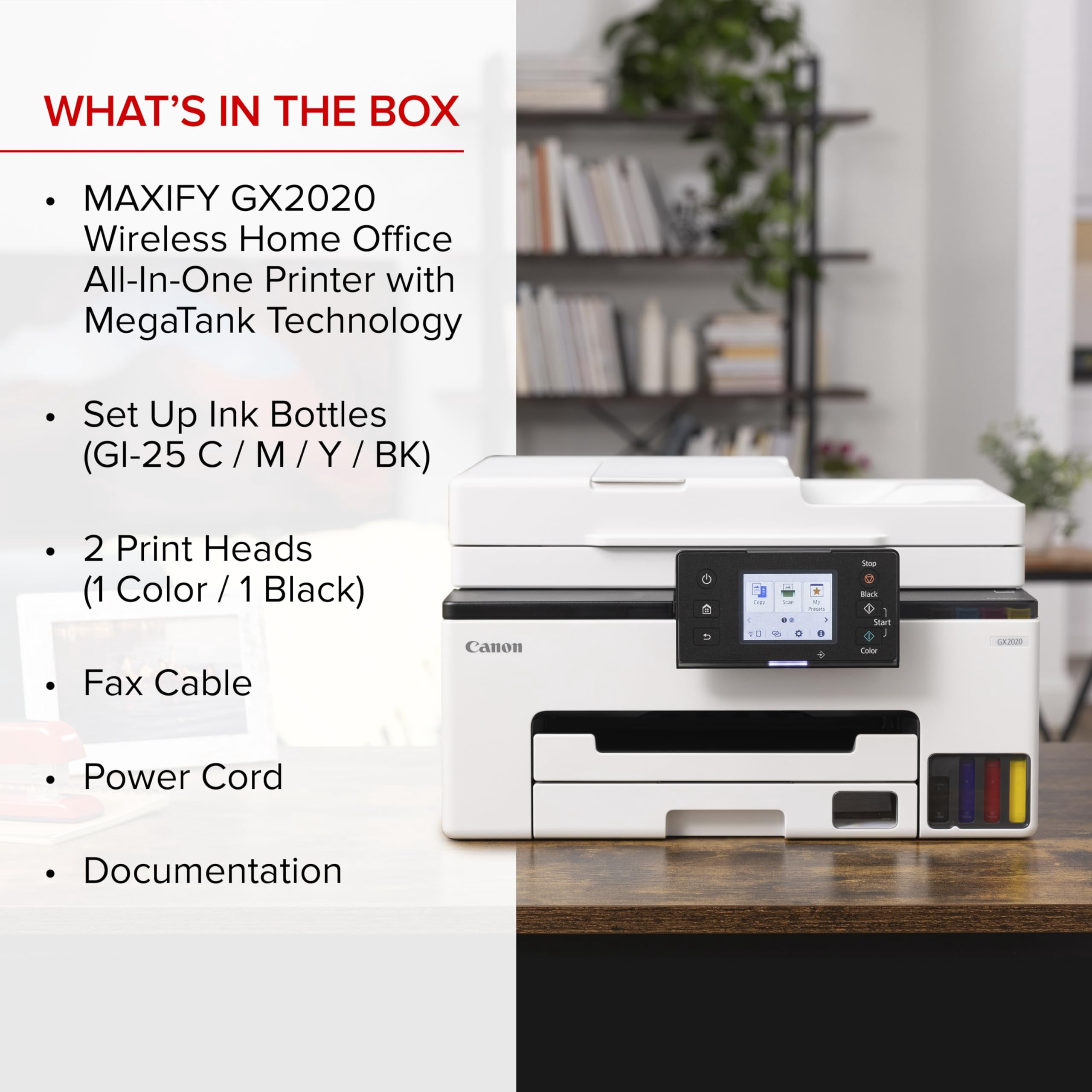 Canon MAXIFY GX2020 MegaTank All-in-One Wireless Color Inkjet Printer Copier Scanner with Duplex Printing Refillable Ink Tank for Home Office