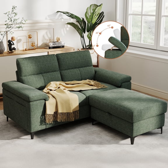 71" Loveseat Sofa with Storage Ottoman Adjustable Armrest L-Shaped Sectional Couch for Living Room Green
