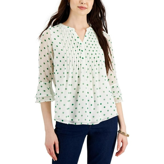 Charter Club Womens Petites Pindot Pintuck Blouse