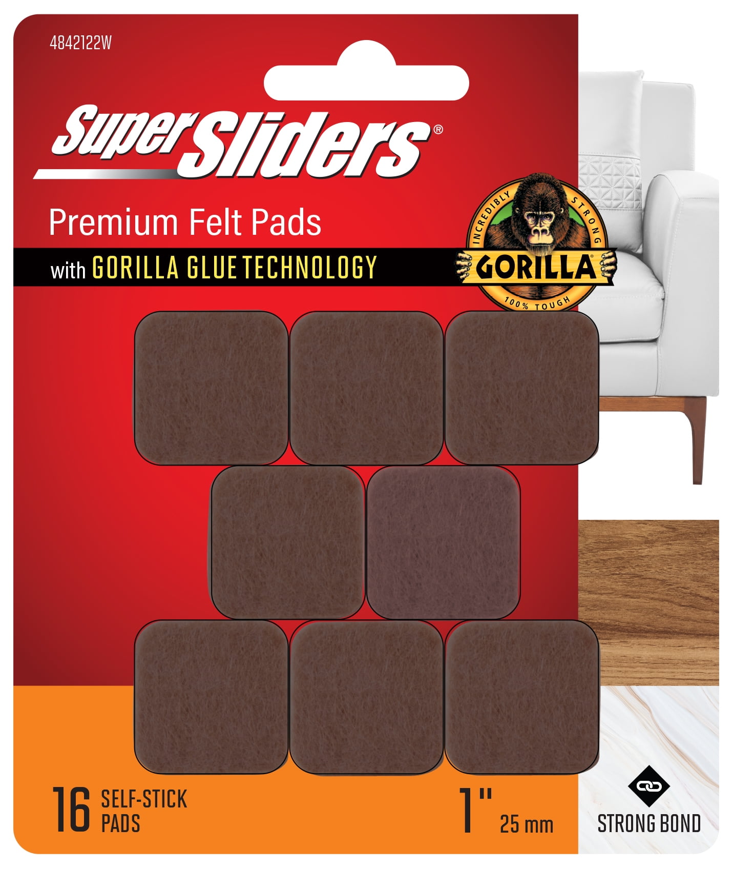 Super Sliders with Gorilla Glue Technology 1" Square Brown Felt Pads 16PC