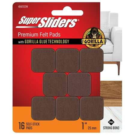 Super Sliders With Gorilla Glue Technology 1" Square Brown Felt Pads 16PC