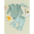thumbnail image 4 of Loicainy Baby Toddler Girls 3 Piece Flare Pants Outfits 3 6 9 12 18 Months Ribbed Long Sleeves Romper and Daisy Print Elastic Pants Headband Set Fall Spring Clothes Set, 4 of 9