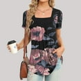 thumbnail image 2 of Summer Saving Wycnly Womens Summer Tops Short Sleeve Square Neck Floral Print Shirts Vintage Flowy Pleated Hem Lightweight Tunic Blouses Pink M Up to 65% off, 2 of 5