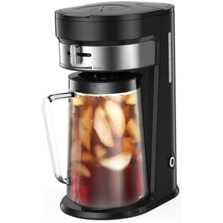 Iced Tea Maker, Brewing System with 2.5-quart Glass Pitcher, sliding strength selector, Stainless Steel Decoration, Reusable Filter (Black)