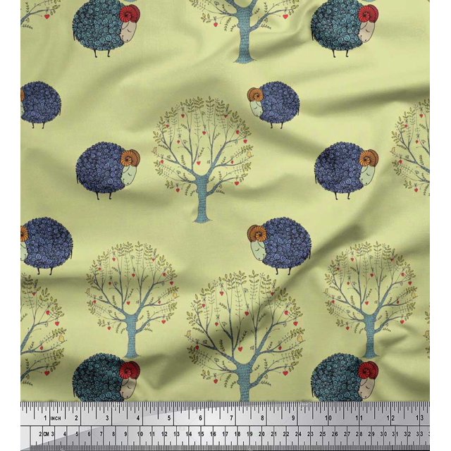 Soimoi Poly Georgette Fabric Tree & Sheep Animal Printed Fabric 1 Yard 42 Inch Wide