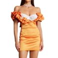 thumbnail image 1 of Vestido BELLA BARNETT con hombros descubiertos y diamantes de imitación naranja satinados, 1 of 3